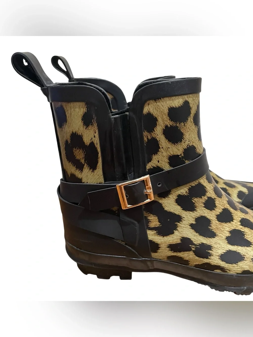 Talbots Leopard Print Rain Boots Black Gold Buckle Women’s Size 9 Ankle Chelsea